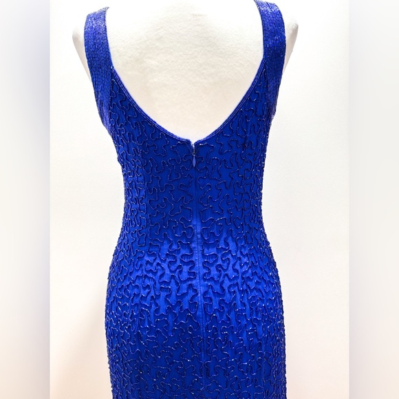 Vintage Y2K Cache Blue Beaded Sequin Silk Formal Evening Gown Dress - Picture 6 of 9